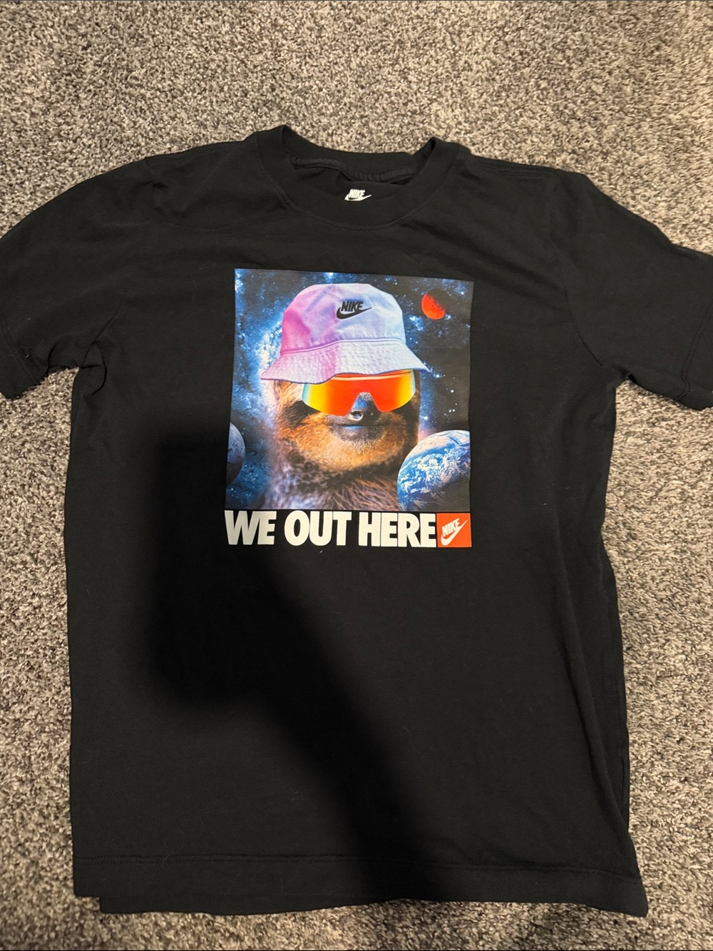 Nike Black Tee with Multicolor Sloth Graphic and Pink Bucket Hat